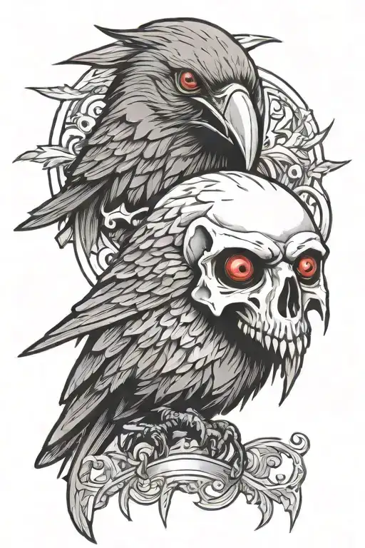 Raven With Red Eyes And Skulls Surrounded