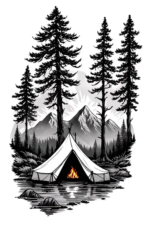 Tent Water Camp Fire Trees Mountains