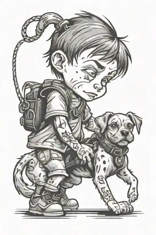An Aggressive Tattoo With The Name M20 With A Boy Keeping A Dog On A Leash