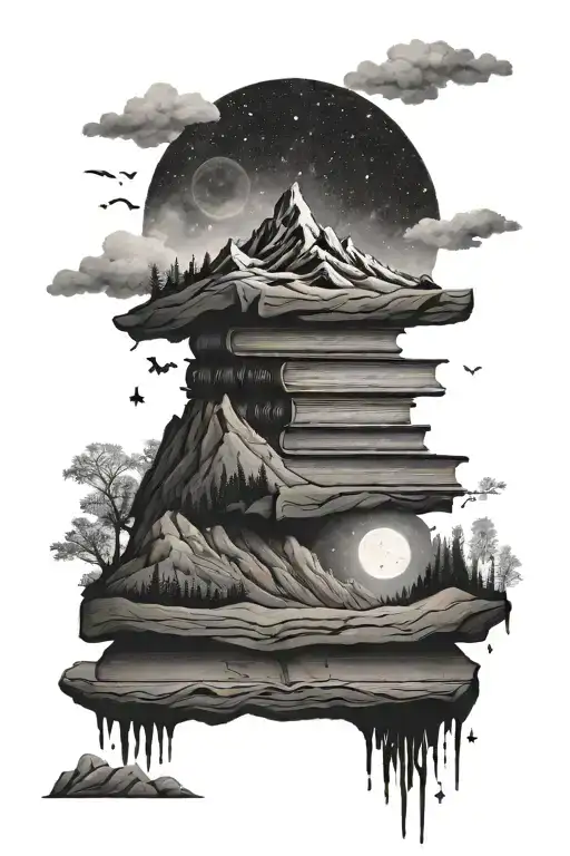 A Bookshelf Filled With Books On Top Of A Mountain Peak Under A Starry Night