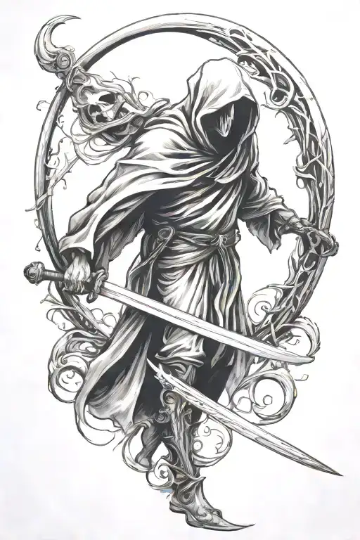 A Sleeve Tattoo Of A Reaper With A Crescent Moon Shaped Scythe