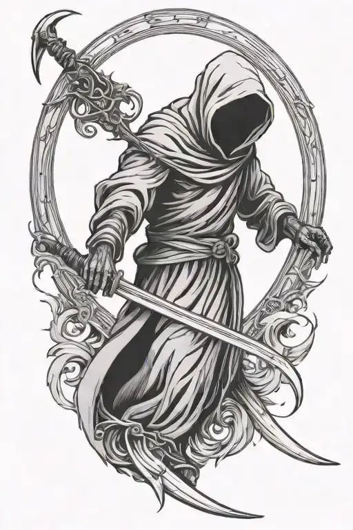 A Sleeve Tattoo Of A Reaper With A Crescent Moon Shaped Scythe