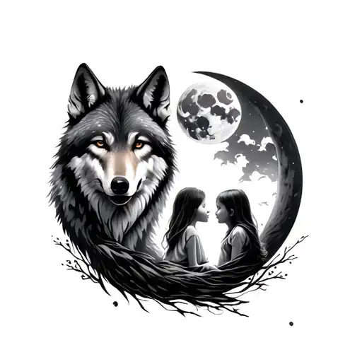 Wolf And Moon And Children