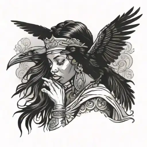 Black Woman W Raven Flying