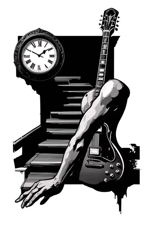 Stairs Leading To Clock And Guitar On Arm