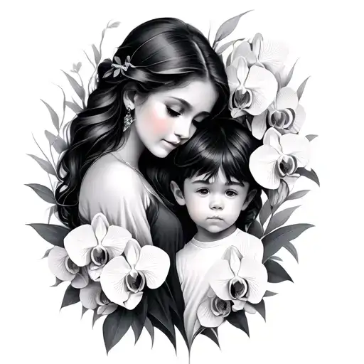 Mother And Son With Orchids Surrounding Them