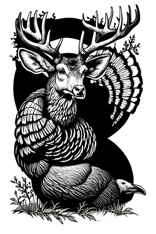 Turkey And Whitetail Deer With A Forest