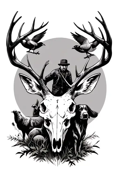 Deer Skull With A Man And A Bird Dog Bird Hunting Scene