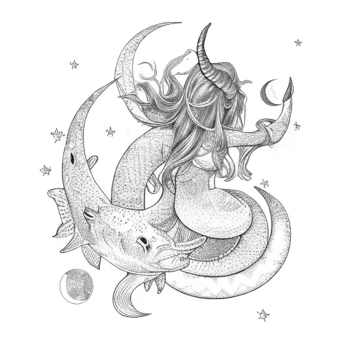 Mermaid With Fishtail And Horns And Moon