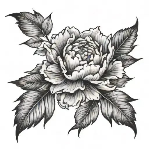 Black Full Arm Tattoo With Peonies And Leaves