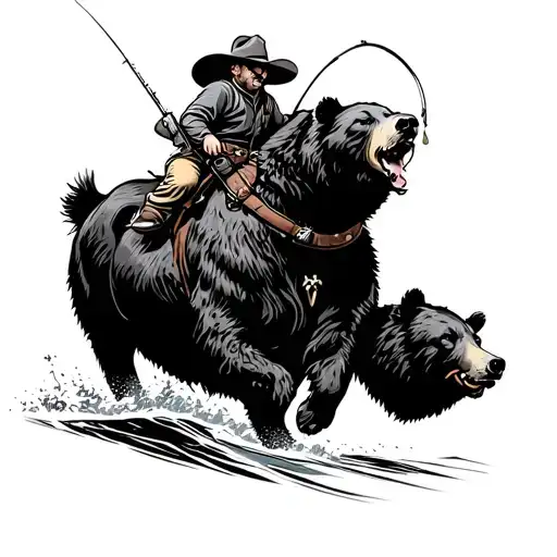 A Fly Fisherman Riding A Balck Bear Like A Rodeo Bull