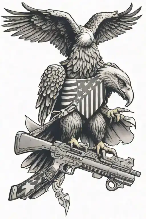 American Eagle With A Machine Gun And Flag In The Back