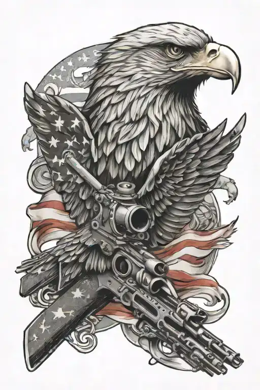 American Flag With A American Eagle And Machine Gun