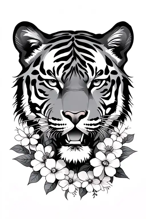 Tiger Face And Flowers Growing