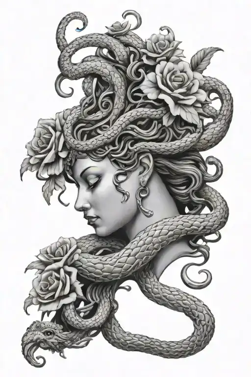 Medusa Head Profile With Snakes And Flowers