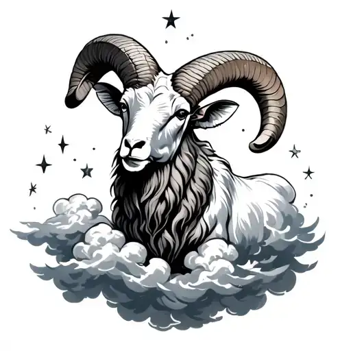 Aries Ram Surrounded By Clouds Covered With Stars