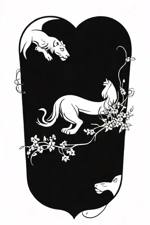 Male Lion And Female Lioness In Love Surrounded By Larkspur And Narcissus Flowers