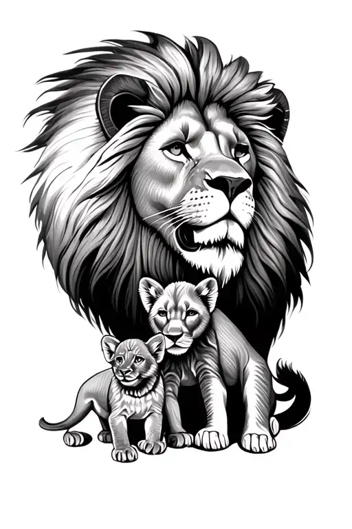 Lion Head With A Lion Cub And A Small Lioness