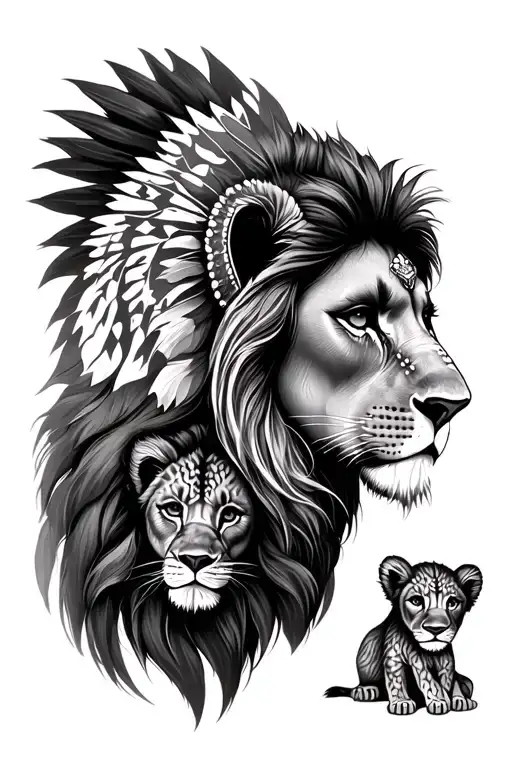 Lion Head With A Lion Cub And A Little Lionn Fur Indian Woman