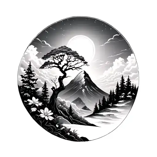 Sunlight Coming Through Clouds Over Mountain And Tree With Flowers