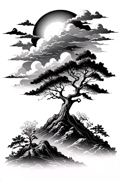 Sunlight Coming Through Clouds Over Mountain And Tree With Flowers