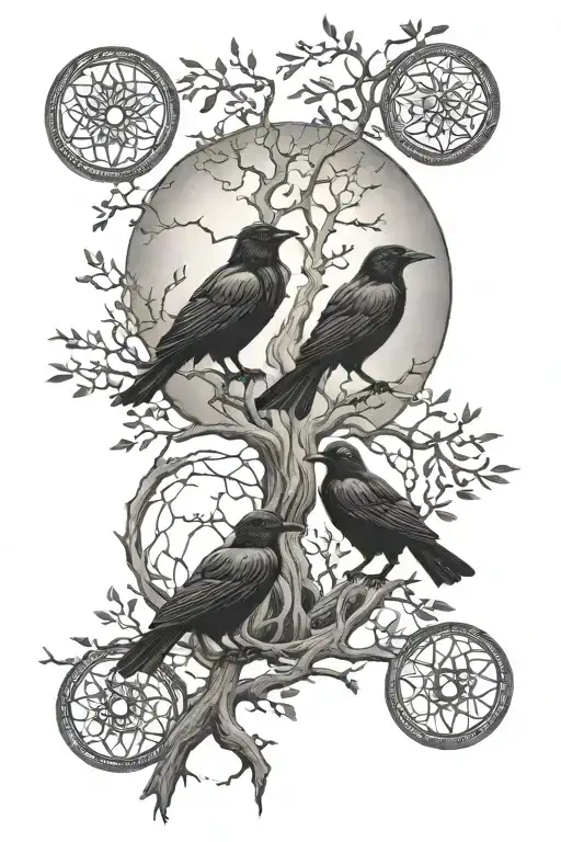Triple Moon Symbol With Three Crows And Tree Of Life