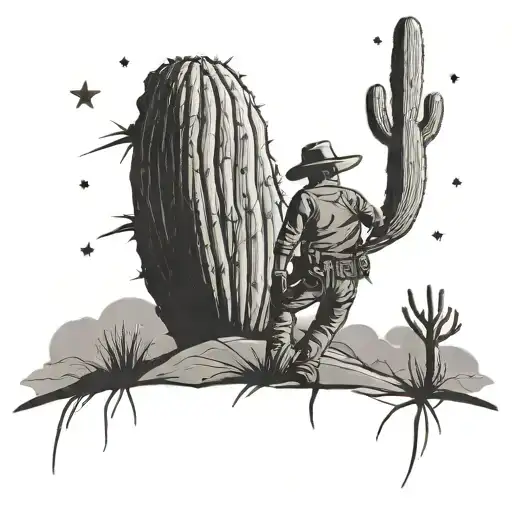 A Cowboy Lassoing A Giant Saguaro Cactus Under A Starry Night Sky