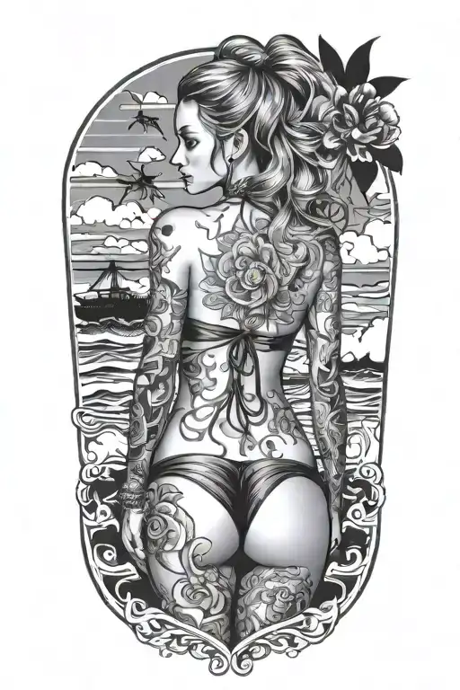 Sexy Girl Back Facing Bikini Standings Tattoo Design Idea