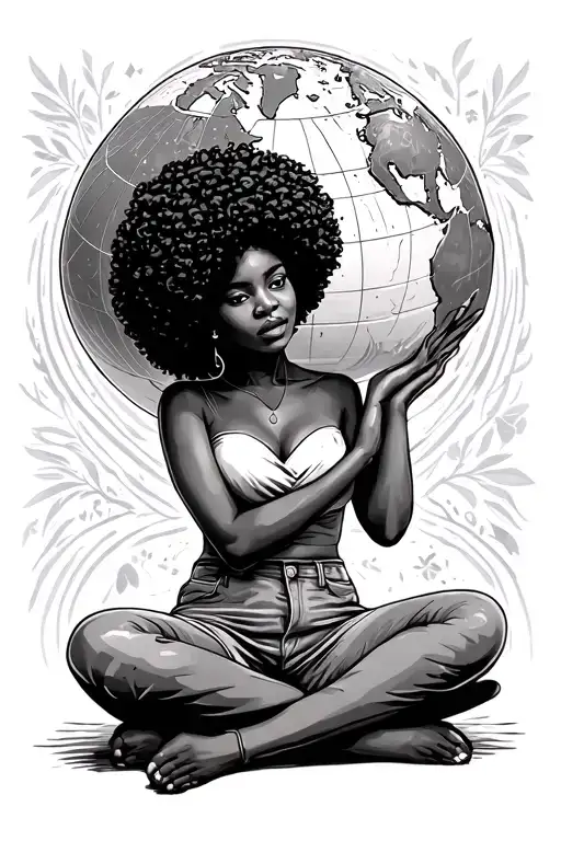 Black Woman Sitting Holding The World Afro Hair