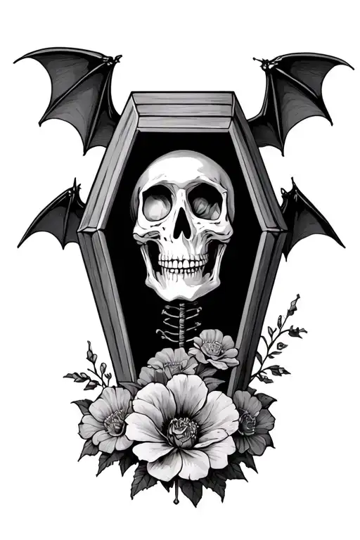 Coffin Skeleton Flowers Bat