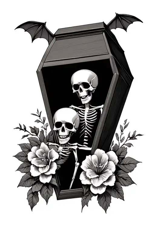 Coffin Skeletons Holding Each Other Bat Flowers