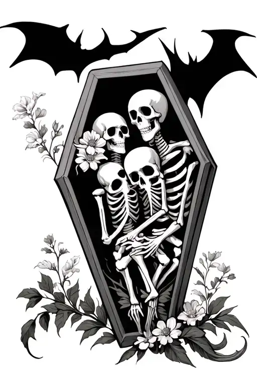 Coffin Skeletons Holding Each Other Flowers Tarot Card Bat
