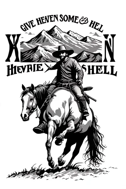 Bronc Rider With Mountain Range With Roman Numerals And The Writing Give Heaven Some Hell