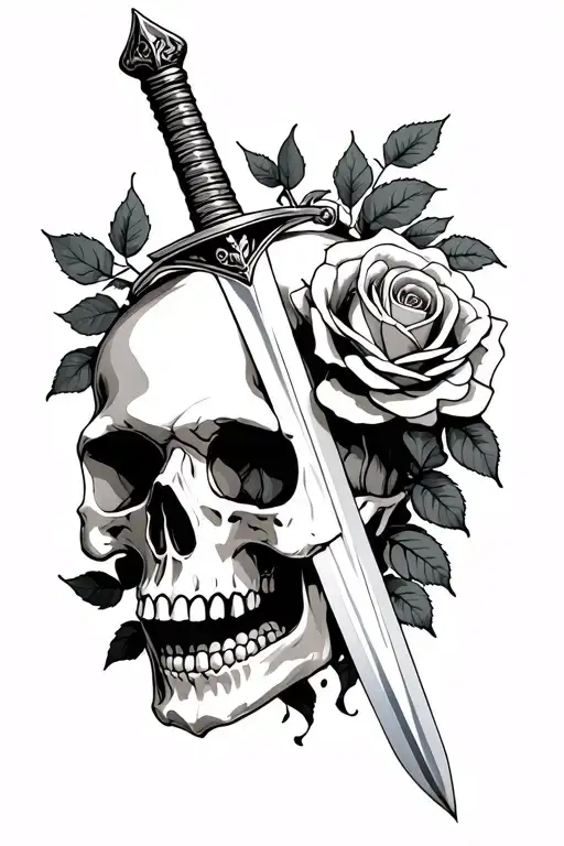 Sword Going Through Skull With Rose Growing Out The Eye Socket