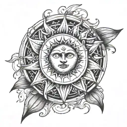 Sun With No Face Tattoo For The Shoulder With Geometric Filling Up To The Forearm