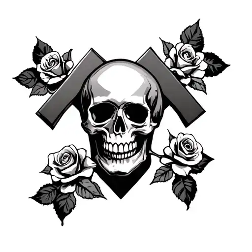 Skull And Cross With Roses Surrounded
