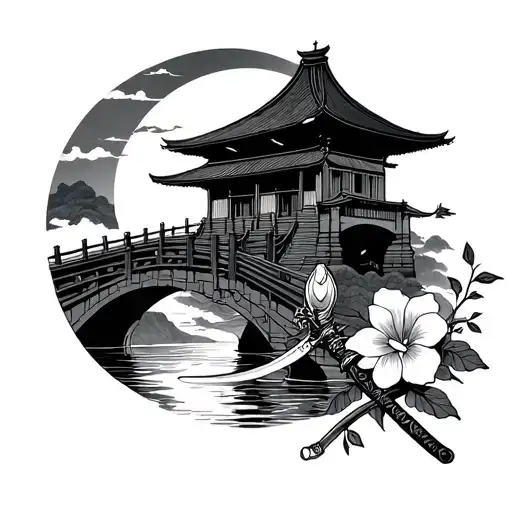 Japan Samourai Warrior Katana Flower Sun House Bridge