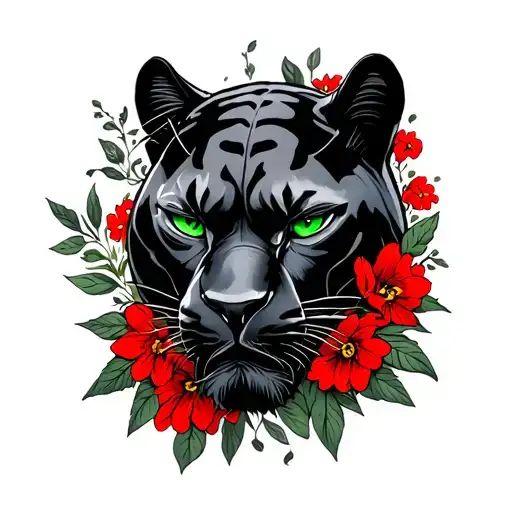 Black Panther With Green Eyes With Red Flowers Around It