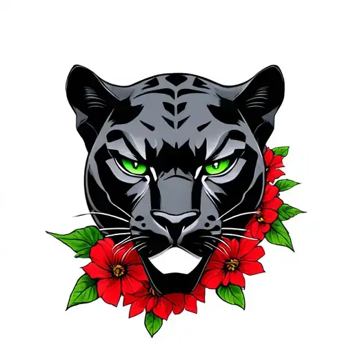 Black Panther With Green Eyes With Red Flowers Around It