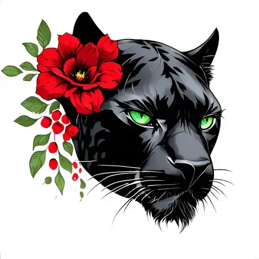 Black Panther With Green Eyes With Red Flowers Around It