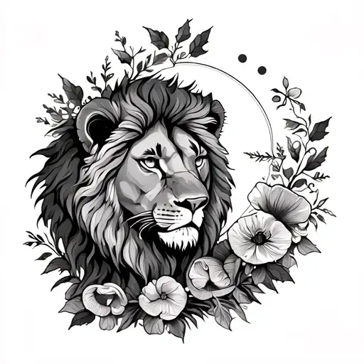 Lioness With Poppy Flowers Holly Berry Mushrooms Moon And Sun
