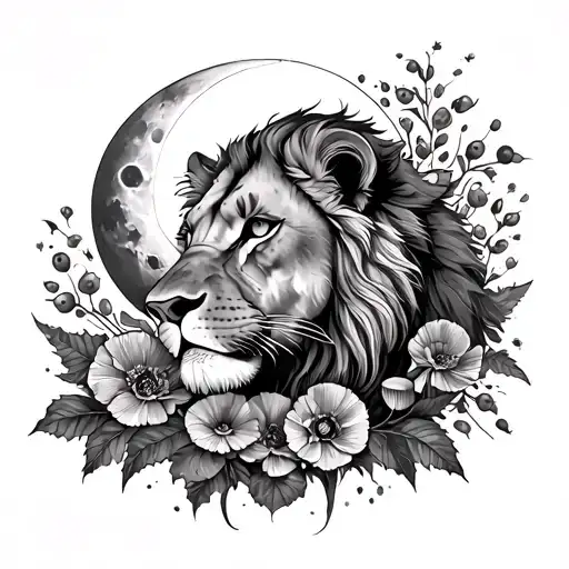 Lioness With Poppy Flowers Holly Berry Mushrooms Moon And Sun