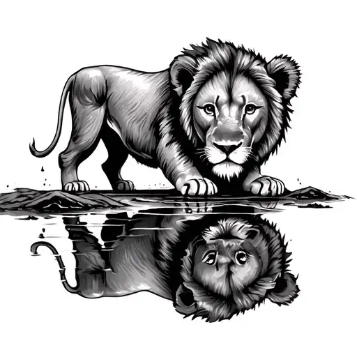 Cub Looking Into A Puddle Seeing The Reflection Of Lion