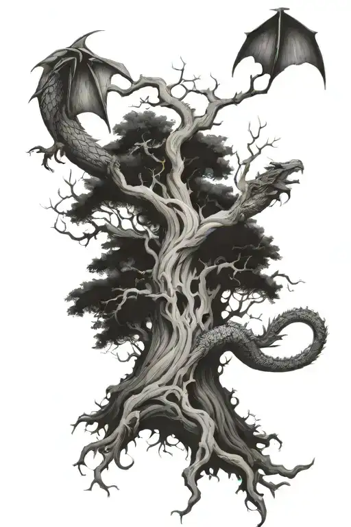 A Poison Tree With No Leaf And A Dragon Flying Around It