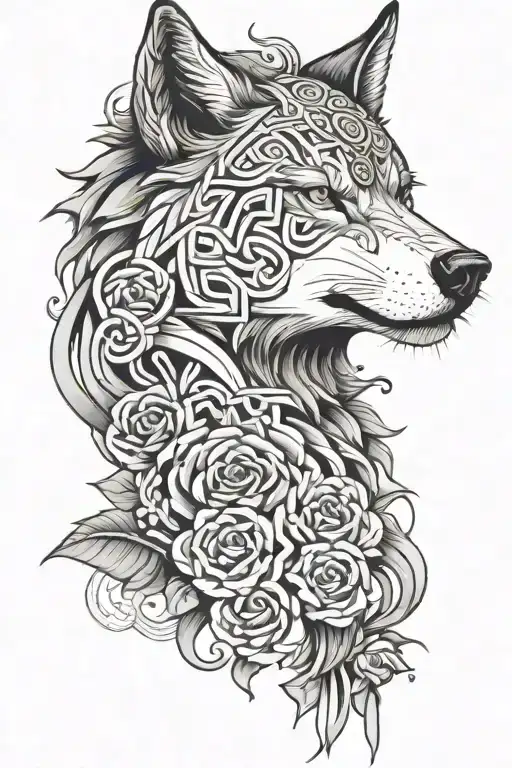 A Wolf Howling At A Rose Intertwined With Greek Key Patterns