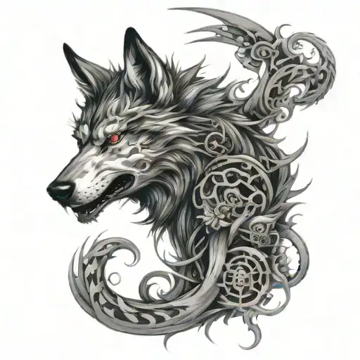 Wolf Surrounded By Japanese Samurai Adn Dragon