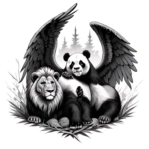 Angels With Wings Spread Panda And Lions