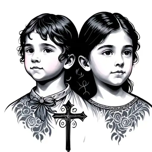 Younger Brother And Sister With A Cross