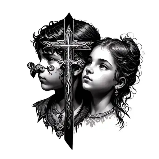 Younger Brother And Sister With A Cross