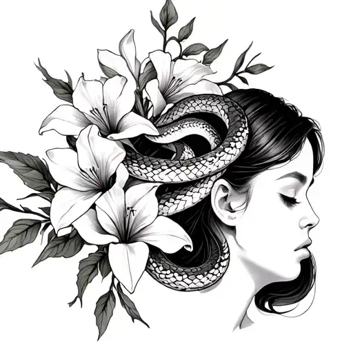 Woman With Snake That Has Flower Pattern And Gladiolus Flowers Surrounding